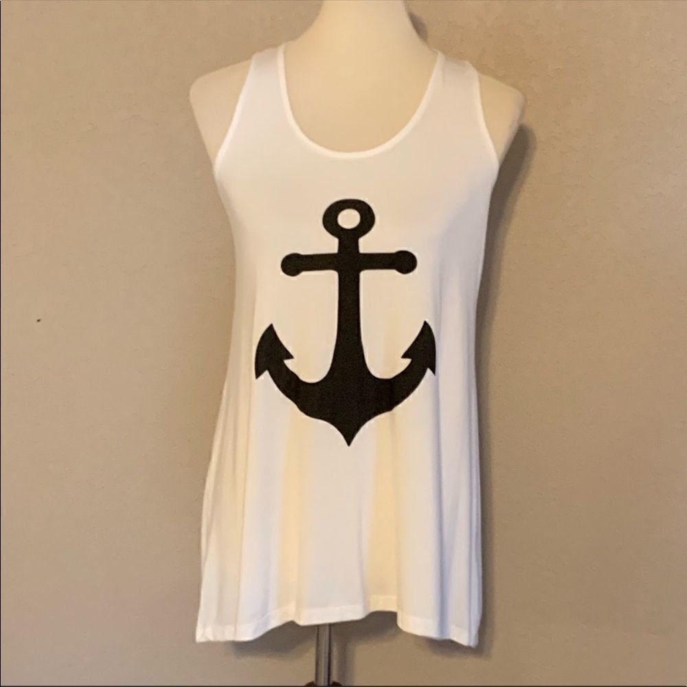 White Navy Anchor Graphic Racerback Tank USA Boutique Coastal Nautical Beach S - Picture 9 of 9
